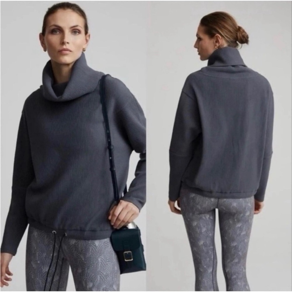Varley Charles Ribbed Funnel Neck Pullover Gray‎ Drawstring Hem Sweatshirt XS